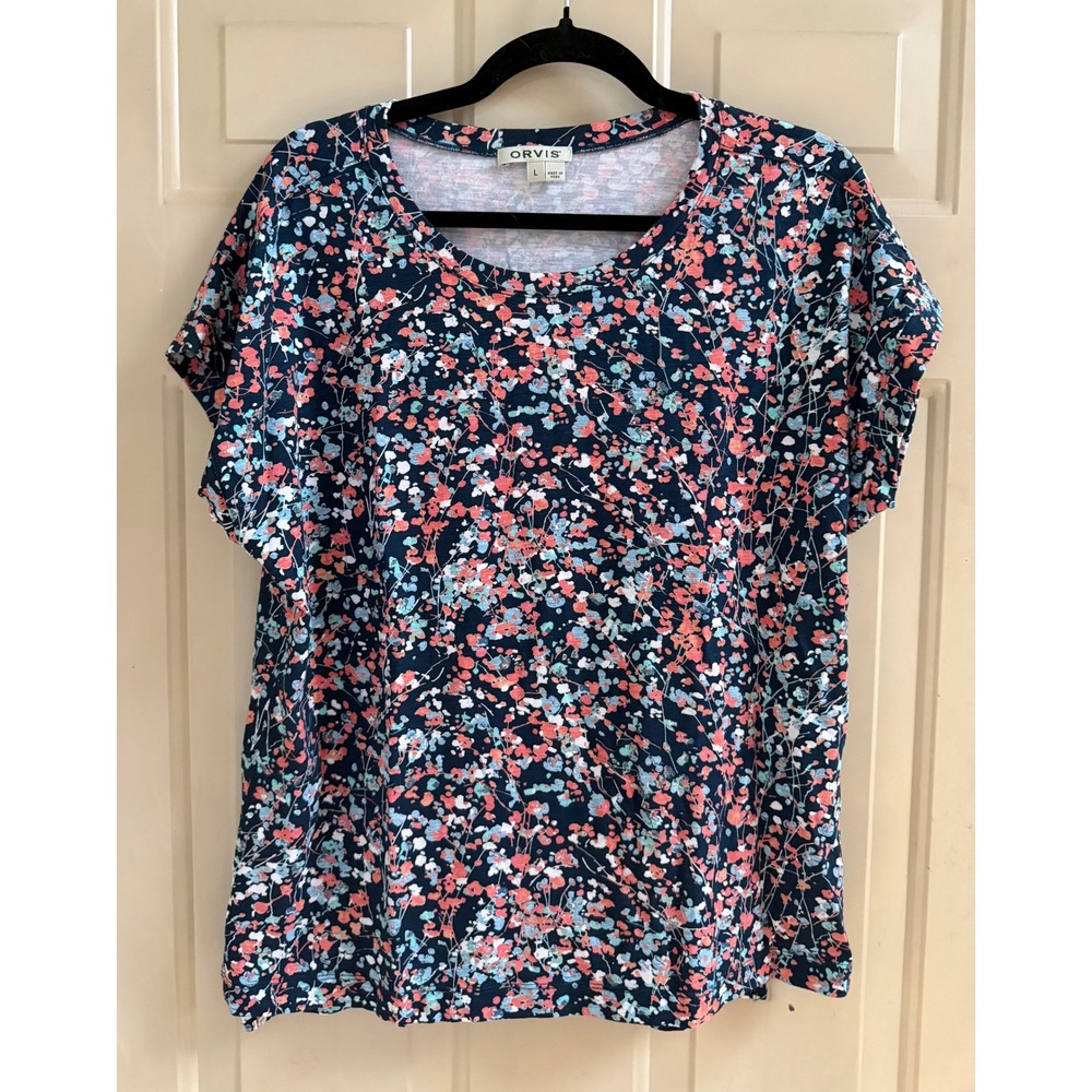 Orvis Floral Short Sleeve Top Navy Pink Sz Large Casual Cottagecore Tee